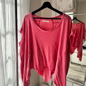 We The Free Pink Boxy Asymmetrical Short Sleeve T-Shirt